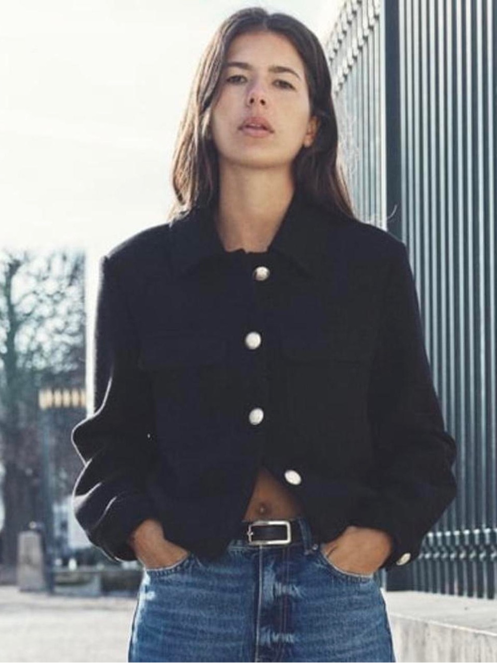 ZARA Cropped Textured Jacket with Jewel Buttons